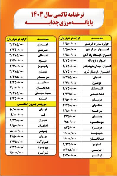 اعلام نرخنامه تاکسی در ایام اربعین حسینی در مرز چذابه